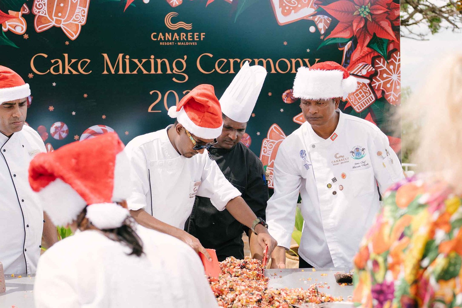 Festive cake prepared during the cake mixing ceremony at Canareef Resort